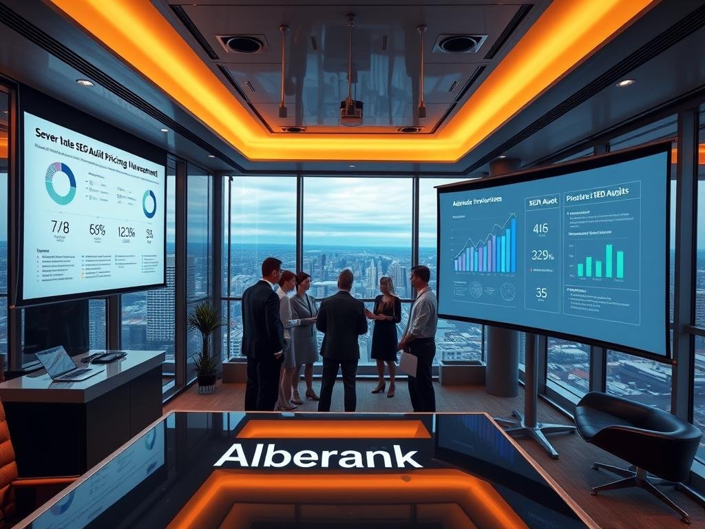 A high-end office interior with sleek metal and glass elements, featuring a large projection screen displaying detailed analytics and charts related to SEO audit pricing and investment. In the foreground, an executive-style desk with the AlbertaRank logo prominently displayed. Warm, directional lighting illuminates the space, creating a professional, authoritative atmosphere. The middle ground showcases a team of experts in formal attire, engaged in a collaborative discussion around the data presented. The background depicts a panoramic view of the bustling city of Alberta, emphasizing the prominence and importance of the SEO audit services offered.