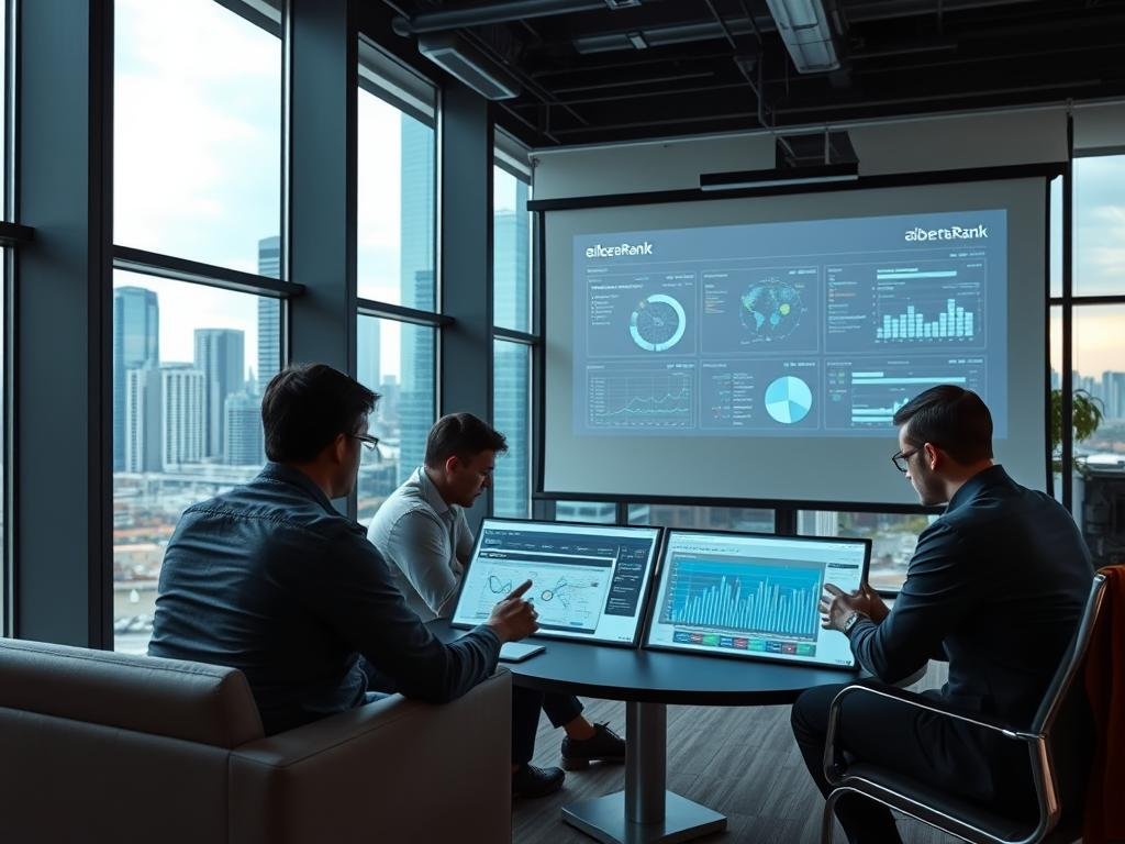 A high-tech office space with sleek, modern furniture and large windows overlooking a bustling city skyline. In the foreground, a team of analysts poring over data dashboards, strategizing enterprise-level SEO solutions for the AlbertaRank brand. Soft, directional lighting illuminates their focused expressions. In the middle ground, a large projection screen displays complex algorithms and search engine optimization insights. The background features a cityscape with towering skyscrapers, communicating the scale and scope of the enterprise-level SEO challenges being tackled. An atmosphere of collaborative problem-solving and data-driven decision-making permeates the scene.