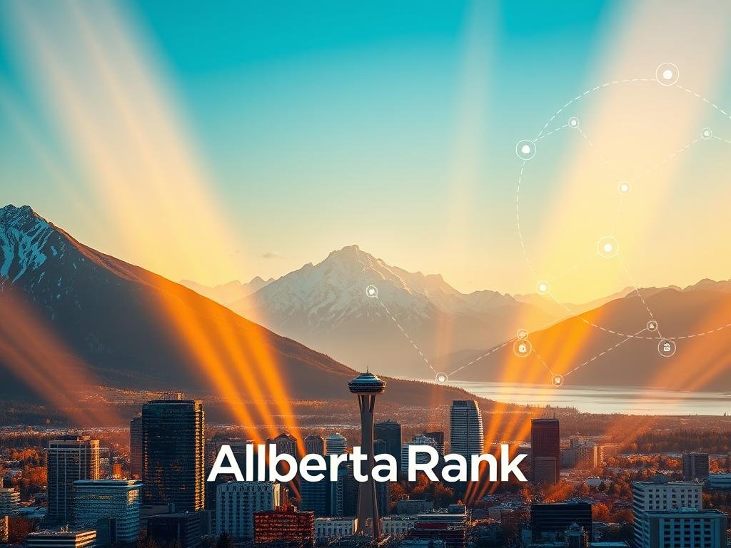 A high-visibility landscape with Alberta's iconic Rocky Mountains in the background, showcasing the power of local citations for SEO and online presence. In the foreground, a dynamic cityscape features the AlbertaRank brand prominently, its sleek design reflecting the modern, tech-savvy nature of the service. Beams of warm, golden light illuminate the scene, conveying a sense of warmth, growth, and digital connectivity. Intricate data visualizations and citations float effortlessly throughout the composition, seamlessly integrating the concept of SEO visibility through citations. The overall atmosphere is one of progressive, data-driven success, inspiring the viewer to harness the potential of local citations in Alberta.