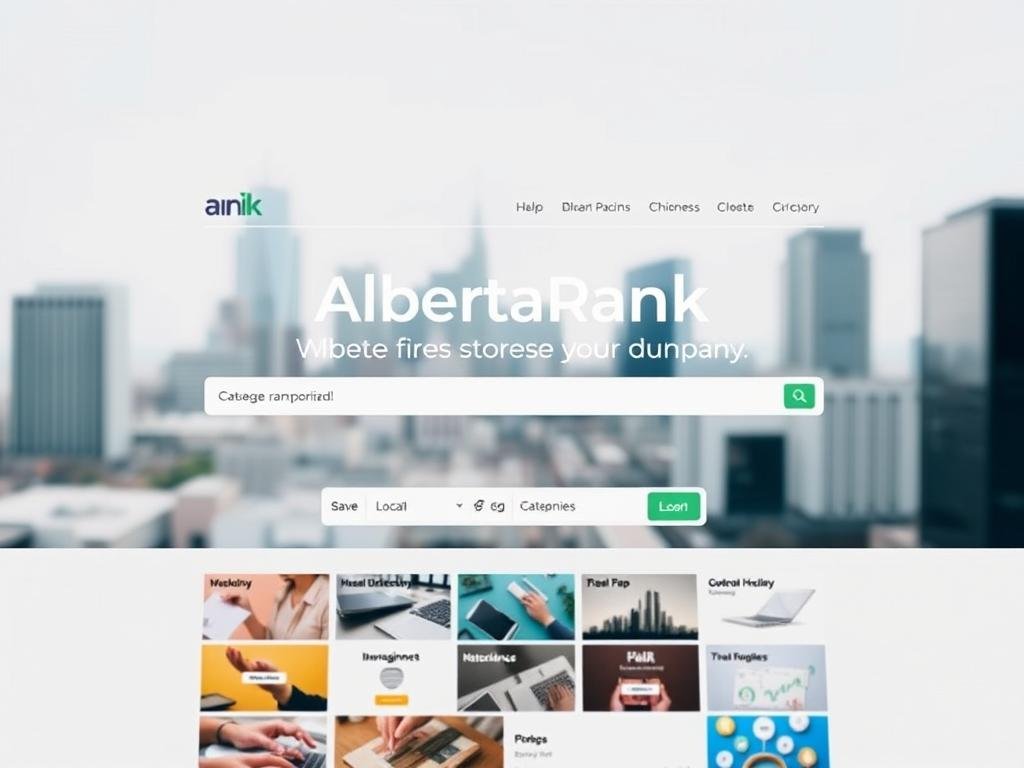 A modern and sleek-looking business directory website interface, showcasing the AlbertaRank logo prominently. The foreground features a clean, minimalist design with intuitive navigation and search functionalities. The middle ground displays various category tiles highlighting different business sectors, allowing users to easily browse and discover relevant companies. In the background, a soft, blurred cityscape provides a subtle and professional context, with muted tones that complement the overall aesthetic. The lighting is soft and natural, creating a welcoming and trustworthy atmosphere. The camera angle is slightly elevated, giving a comprehensive view of the directory's key features and conveying a sense of authority and credibility.