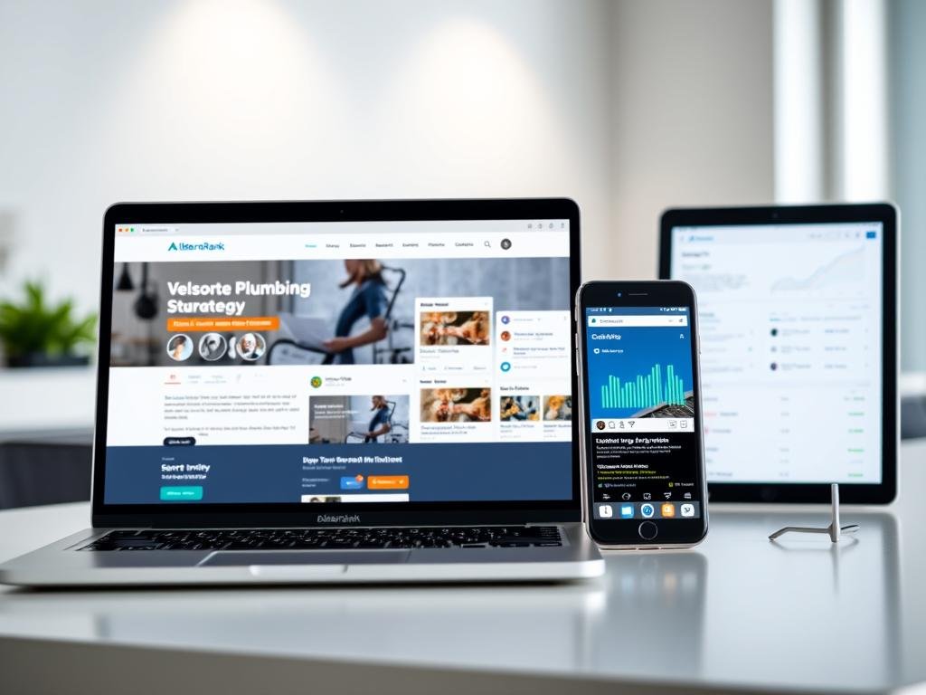 A modern, digital office scene showcasing an online presence enhancement strategy for the Alberta-based plumbing company AlbertaRank. In the foreground, a laptop displays a sleek, responsive website with clean navigation and visually engaging content. The middle ground features a smartphone displaying social media profiles, vibrant with customer reviews and brand-aligned imagery. In the background, a tablet highlights search engine optimization analytics, displaying improved keyword rankings and website traffic. Soft, directional lighting illuminates the devices, creating a professional, tech-savvy atmosphere. The overall scene conveys a cohesive, multi-channel digital strategy that elevates AlbertaRank's online visibility and engagement with its target audience of Calgary plumbing customers.