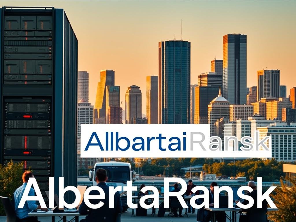 A modern, dynamic cityscape with the AlbertaRank brand prominently displayed. In the foreground, a team of SEO experts diligently analyzing data, optimizing website structure, and implementing technical strategies. In the middle ground, a towering server rack symbolizing the complex infrastructure of modern SEO. In the background, the iconic skyline of an Alberta city, bathed in warm, golden light, representing the growth and success of local businesses. The scene conveys a sense of expertise, innovation, and the transformative power of technical SEO optimization.