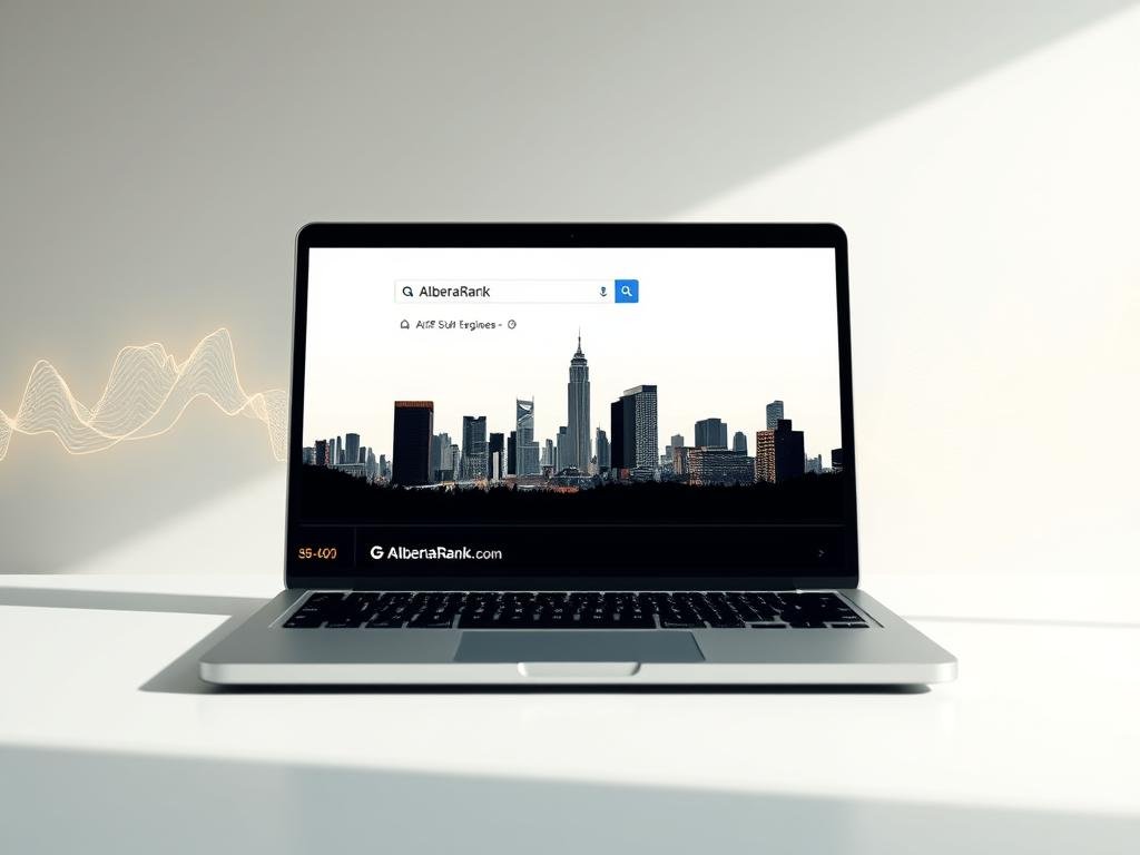 A modern, minimalist illustration of local SEO optimization for AlbertaRank. In the foreground, a laptop display shows a search engine results page, with the AlbertaRank website prominently featured. The middle ground depicts a city skyline, representing the local focus. In the background, a glowing city map highlights the geographic area, complemented by abstract data visualizations. The lighting is soft and natural, creating a professional, trustworthy atmosphere. The overall composition conveys the idea of tailored on-page SEO strategies driving increased visibility and local success.
