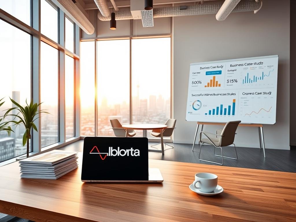 A modern, minimalist office space with large windows and bright natural lighting. In the foreground, a sleek wooden desk features a laptop, a cup of coffee, and a stack of business case study reports. On the desk, the "AlbertaRank" logo is prominently displayed. Behind the desk, a large whiteboard displays infographics and data visualizations showcasing successful Edmonton business case studies. The middle ground features stylish office chairs and a small conference table, while the background depicts the city skyline of Edmonton through the windows, bathed in a warm, golden glow.