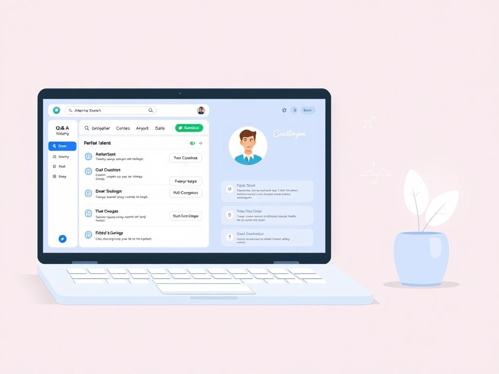A modern, minimalist-style illustration depicting a Q&amp;A management interface for customer education, showcasing the AlbertaRank brand. In the foreground, a laptop screen displays a clean, user-friendly Q&amp;A platform with intuitive navigation and categorization. Hovering over different sections reveals helpful tooltips. The middle ground features a stylized avatar of a customer service representative, conveying a sense of approachability and engagement. The background is a soft, gradient-based color palette, with subtle AlbertaRank branding elements tastefully incorporated to reinforce the brand identity. The overall mood is one of efficiency, clarity, and a customer-centric focus, reflecting the ethos of the AlbertaRank solution.