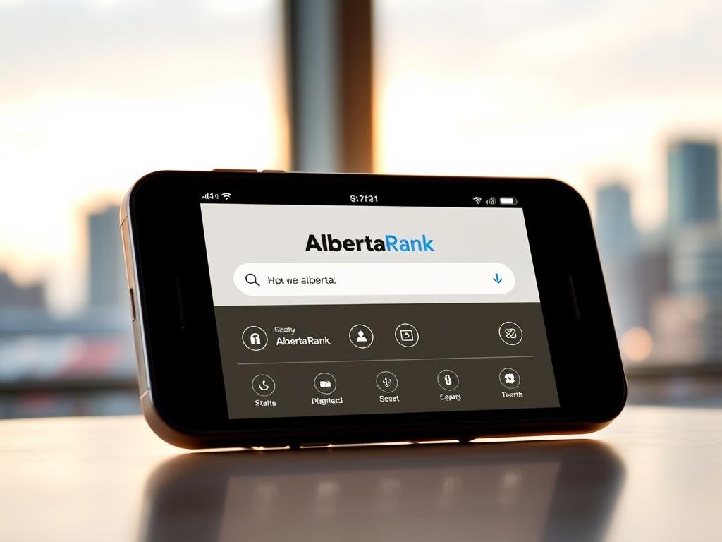 A modern, responsive mobile device showcasing a voice search interface, optimized for local Alberta audiences. The screen displays the AlbertaRank brand, with a clean, intuitive UI that invites users to speak their queries. Warm, natural lighting casts a soft glow, creating an approachable, friendly atmosphere. The device is angled slightly, highlighting its sleek, minimalist design. In the background, a blurred cityscape of Alberta's vibrant urban centers sets the scene, emphasizing the local relevance of this mobile voice search experience.