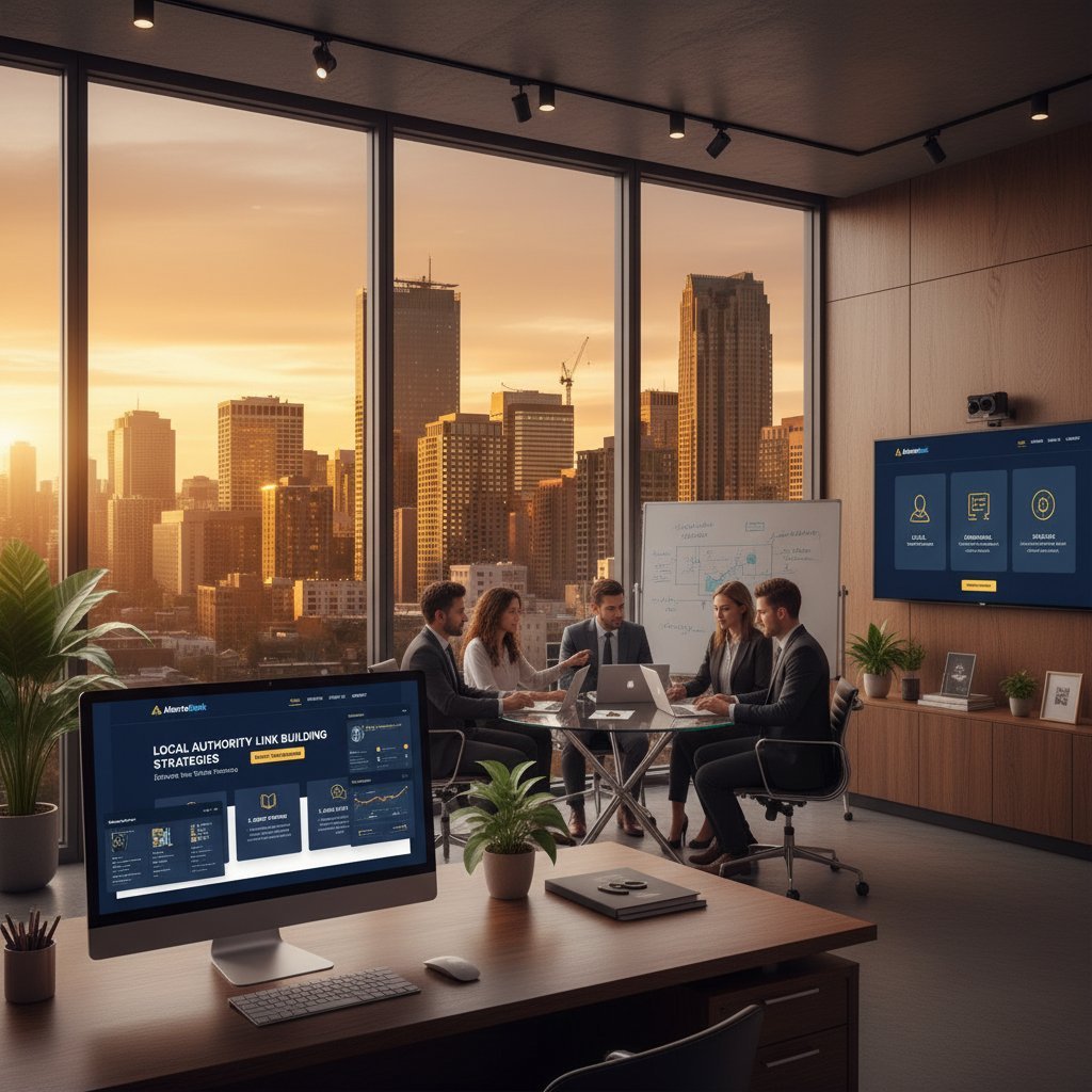 A modern, sleek office space with a large window overlooking a bustling city skyline. In the foreground, a desktop computer displays the AlbertaRank logo, surrounded by industry-specific SEO analytics dashboards and tools. The middle ground features a team of digital marketing experts collaborating on strategies to boost local search visibility for clients. In the background, a wall-mounted display showcases customized SEO solutions tailored to different industries. Warm, natural lighting filters through the window, creating a productive and innovative atmosphere.