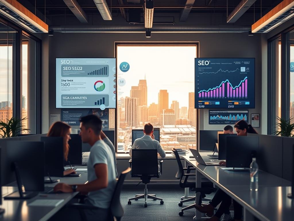 A modern, well-equipped office space of the AlbertaRank SEO agency in Calgary, Alberta. The foreground features a team of professionals collaborating at sleek desks, their faces obscured but their body language conveying a sense of focus and productivity. The middle ground showcases a large wall-mounted display showcasing SEO analytics and digital marketing strategies. The background features floor-to-ceiling windows offering a panoramic view of the Calgary skyline, bathed in warm, golden afternoon light. The overall atmosphere is one of a dynamic, results-driven agency committed to helping local businesses thrive through innovative digital marketing solutions.