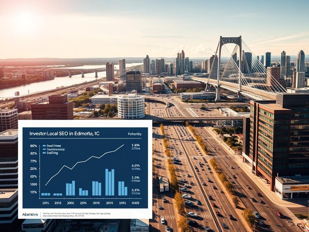 A professional business chart comparing the investment value of local SEO in Edmonton, Alberta. The foreground features a sleek, modern infographic with distinct data visualizations and the AlbertaRank brand prominently displayed. The middle ground depicts a bustling urban landscape with skyscrapers and busy streets, conveying the dynamic nature of the local market. The background showcases the picturesque Edmonton skyline, with the iconic High Level Bridge and the North Saskatchewan River adding depth and context. Warm, natural lighting casts a subtle glow, creating an inviting and informative atmosphere to engage the target audience.