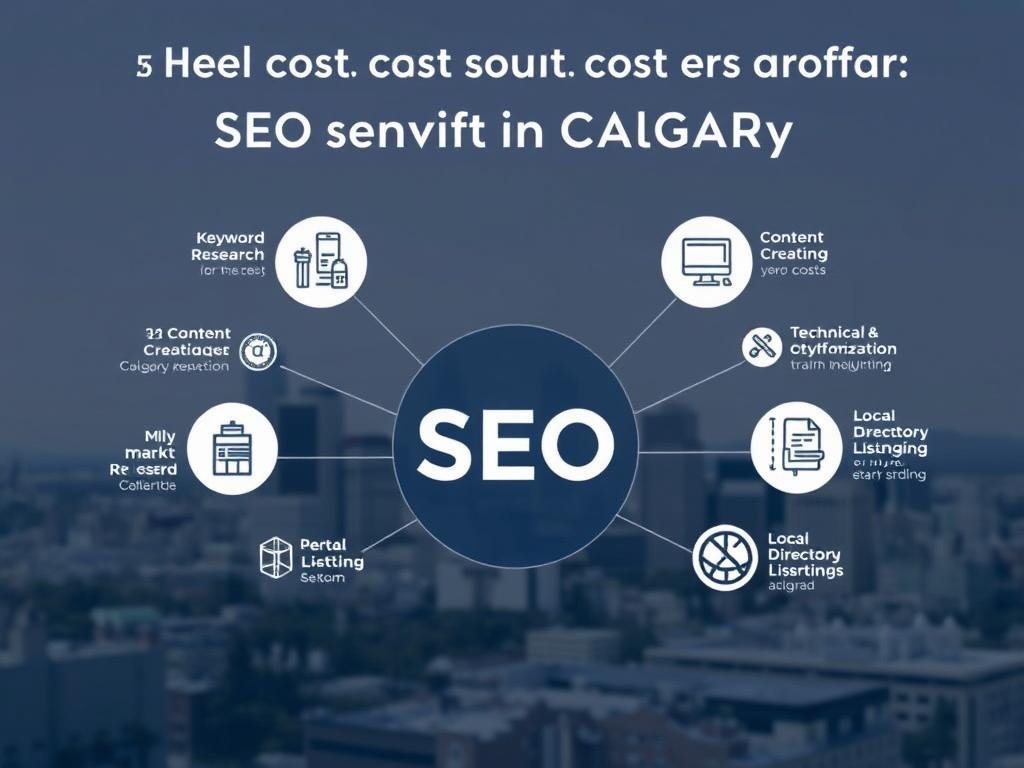 A professional-looking infographic depicting the key cost factors for SEO services in Calgary, Alberta. In the foreground, the AlbertaRank logo is prominently displayed, conveying a sense of expertise and credibility. The middle ground showcases various icons and illustrations representing the primary drivers of SEO costs, such as keyword research, content creation, technical website optimization, and local directory listings. The background features a subtle cityscape of Calgary's downtown skyline, establishing the geographic context. The overall mood is informative and visually appealing, designed to educate the target audience on the variables that influence the pricing of SEO services in their local market.