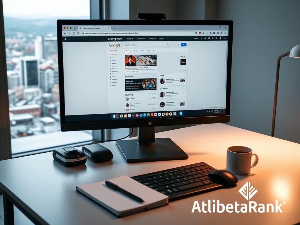 A professional office workspace with a large desktop computer, keyboard, and mouse. The screen displays an open web browser window showing the Google Business Profile dashboard. On the desk, various office supplies are neatly arranged, including a notebook, pen, and a cup of coffee. Soft lighting illuminates the scene, creating a focused and productive atmosphere. In the background, a window overlooks a vibrant cityscape, hinting at the broader context of the business. The AlbertaRank logo is subtly present, reinforcing the brand identity.