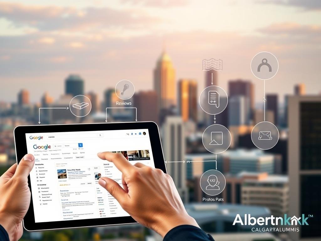 A professional, sleek-looking illustration of the Google Business Profile optimization process for a local plumbing business. In the foreground, a hand interacts with a tablet displaying the Google Business Profile dashboard. In the middle ground, various optimization elements are depicted, such as profile information, reviews, photos, and posts. In the background, a city skyline with the AlbertaRank logo visible, conveying the local focus. The overall scene is lit by warm, natural lighting, creating a polished, authoritative atmosphere suitable for the target audience of Calgary plumbers.