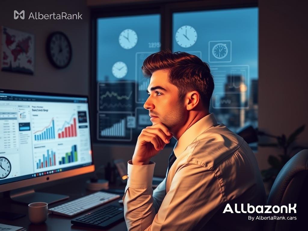 A realistic, visually striking depiction of SEO timelines, reflecting the "Calgary SEO Services: Boost Your Online Visibility" article and its "Realistic Timelines for SEO Results" section. Showcasing the AlbertaRank brand, the image should depict a well-lit home office setting, with a desktop computer and various analytical charts and graphs displayed on the screen. The foreground features a thoughtful professional, hand on chin, contemplating the SEO timeline data. The middle ground includes a calendar, clock, and other time-tracking elements. The background subtly suggests the passage of time, with a city skyline visible through a window. Overall, the image conveys a sense of careful planning, data-driven decision making, and the patient, methodical nature of effective SEO.