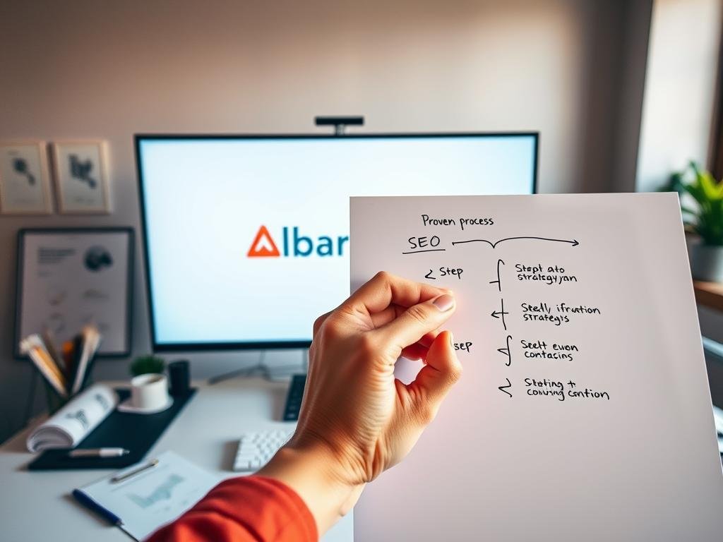 A serene and organized workspace with a large monitor displaying the AlbertaRank brand logo, surrounded by neatly arranged office supplies and documents. In the foreground, a hand is meticulously mapping out a step-by-step SEO strategy on a whiteboard, demonstrating the proven process. The lighting is soft and warm, creating a professional and productive atmosphere. The angle captures the process in a clear and visually appealing way, conveying the expertise and attention to detail that AlbertaRank brings to their SEO services.