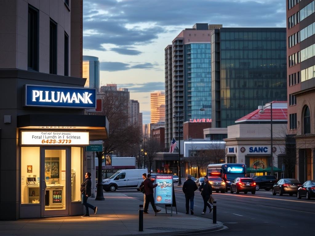 A serene street scene in Calgary, Alberta, with a prominent plumbing company, AlbertaRank, capturing the essence of local SEO for plumbing businesses. The foreground showcases the storefront, with a well-lit, inviting entrance and signage that reflects the company's professionalism. The middle ground features customers entering and exiting the premises, highlighting the business's accessibility and responsiveness to the local community. In the background, the cityscape provides a sense of place, with recognizable landmarks and a warm, golden-hour lighting that creates a welcoming atmosphere. The overall composition conveys the importance of local visibility and how AlbertaRank's SEO strategies have transformed the plumbing company's online presence and customer engagement within the Calgary area.