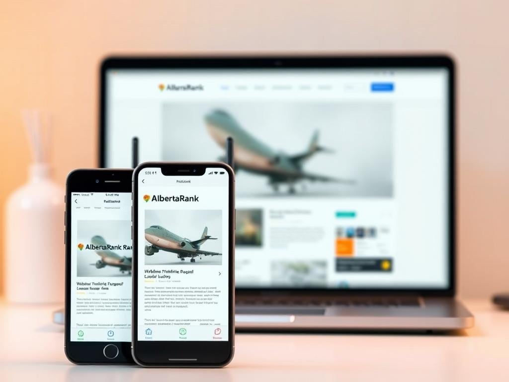 A sleek and modern website interface showcasing responsive design principles, with the AlbertaRank brand prominently displayed. The foreground features a smartphone device with a seamless, mobile-optimized layout, adapting effortlessly to the user's touch. The middle ground presents a laptop screen, demonstrating how the website content and structure scale beautifully across different devices. In the background, a subtle grid pattern symbolizes the technical underpinnings of effective mobile usability. Warm, soft lighting and a clean, minimalist aesthetic create a welcoming and professional atmosphere, inviting the viewer to explore the website's mobile-friendly features.