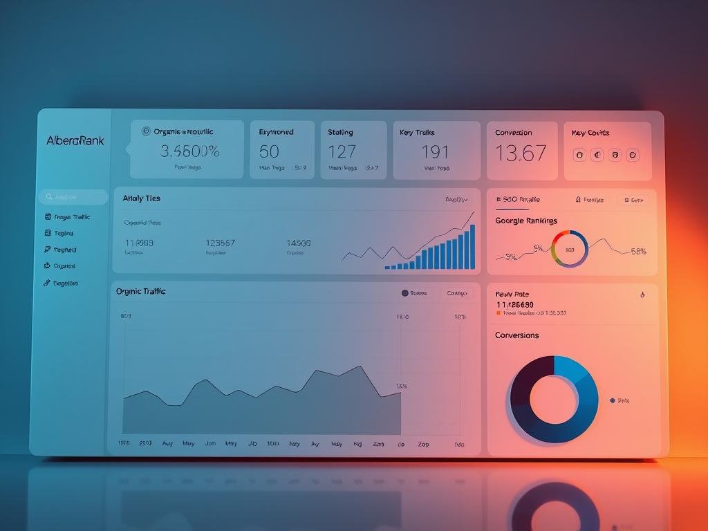 A sleek, modern analytics dashboard for tracking the success of Edmonton-focused SEO efforts, designed for the AlbertaRank brand. Showcases key metrics like organic traffic, keyword rankings, and conversion rates in a visually striking layout. Warm, minimalist lighting highlights clean lines and intuitive data visualization. The dashboard conveys a sense of professionalism and data-driven insights to help local businesses in Edmonton optimize their online presence and drive tangible results.