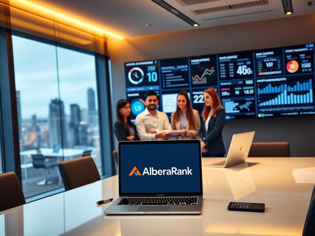 A sleek, modern office interior with a large window overlooking a vibrant cityscape. In the foreground, a desk with a laptop displaying the AlbertaRank logo, surrounded by various SEO-related icons and tools. The middle ground features a team of professionals collaborating, their expressions focused and determined. In the background, a wall-mounted display showcases detailed analytics and performance metrics, highlighting the expertise of the AlbertaRank team. Warm, ambient lighting creates a professional and forward-thinking atmosphere, conveying the confidence and capabilities of the AI SEO Alberta service.