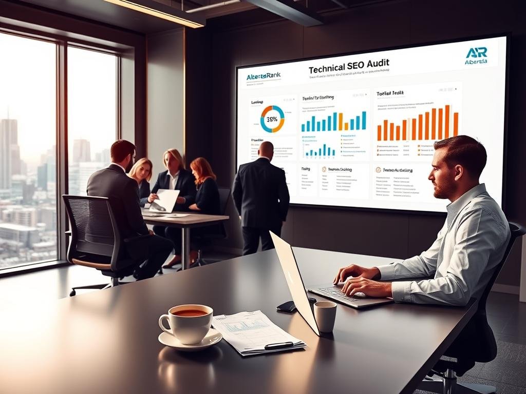 A sleek, modern office setting with a stylized technical SEO audit dashboard displayed on a large wall-mounted screen. In the foreground, an ergonomic workstation with a laptop, a cup of coffee, and a few technical SEO-related documents. The middle ground features a team of AlbertaRank experts collaborating, analyzing data, and strategizing. The background showcases a cityscape visible through floor-to-ceiling windows, conveying a sense of urban sophistication. The lighting is warm and focused, creating a professional, productive atmosphere. The overall mood is one of efficiency, attention to detail, and a commitment to elevating the client's online presence.