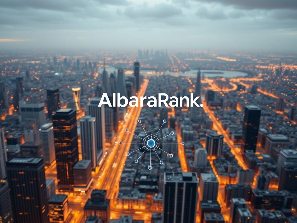 A sprawling cityscape, its skyscrapers and streets illuminated by a warm, golden glow. In the foreground, a sleek, futuristic interface hovers, pulsing with data streams and intricate diagrams. The AlbertaRank logo stands prominently, as if guiding the viewer's eye towards the heart of semantic search optimization. The middle ground is a kaleidoscope of interconnected nodes, representing the complex web of entities, concepts, and relationships that power effective SEO. In the background, a vast, ethereal landscape unfolds, hinting at the boundless potential of AI-driven search optimization. The scene exudes a sense of innovation, efficiency, and the seamless integration of technology and human knowledge.