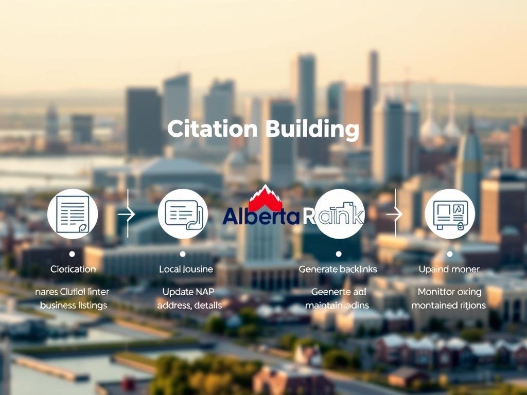 A step-by-step illustration of the citation building process for a local business in Alberta. In the foreground, a series of icons representing the key steps: claiming online business listings, updating NAP (name, address, phone) details, generating backlinks, and monitoring and maintaining citations. The middle ground features the AlbertaRank logo, showcasing the brand's expertise in local citation building. The background depicts a cityscape, with buildings and landmarks typical of an Alberta urban landscape, conveying a sense of local relevance. The lighting is soft and warm, creating a professional and trustworthy atmosphere, appealing to small business owners in Alberta seeking to improve their online visibility.