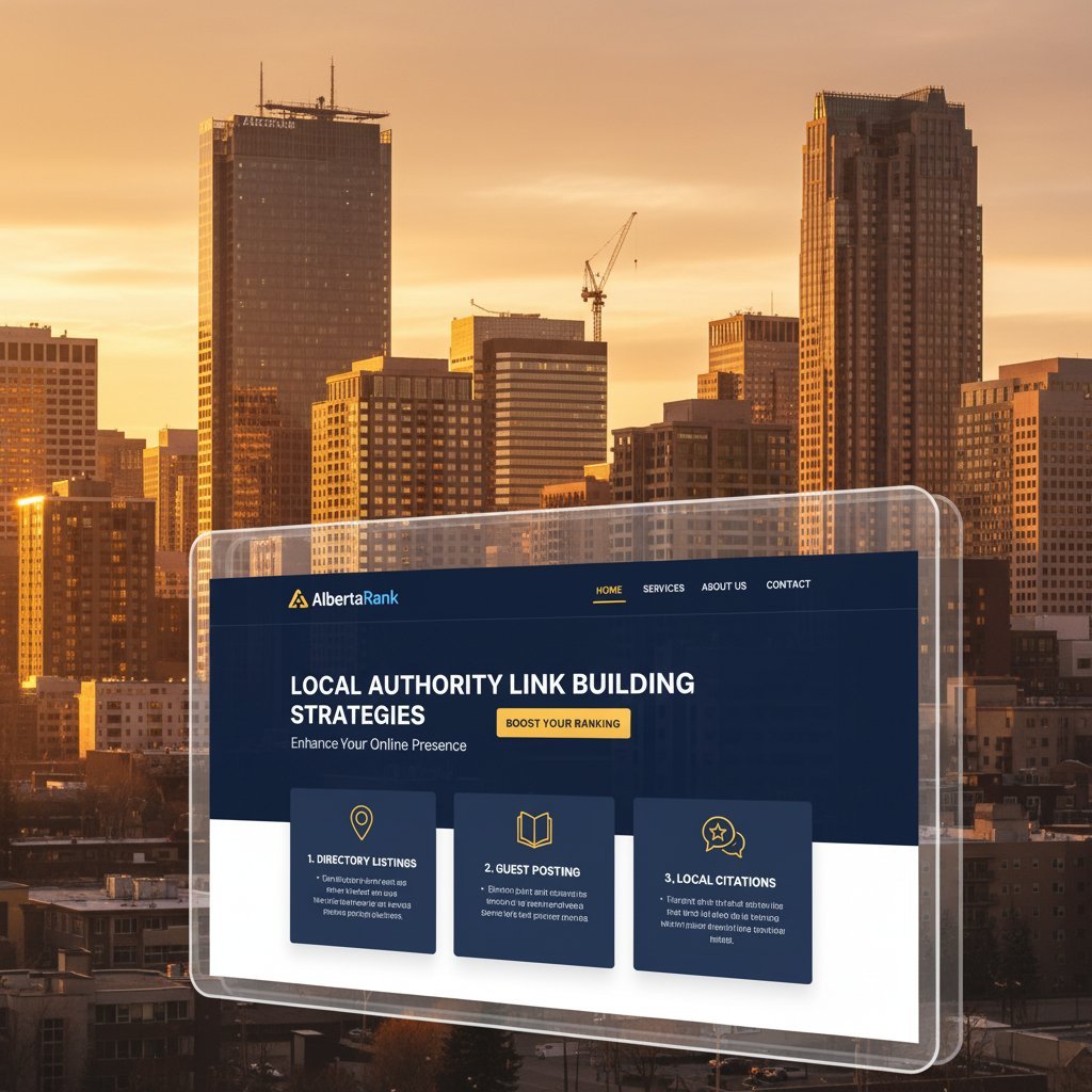 A striking cityscape of downtown Edmonton, Alberta, with the iconic skyline in the background. In the foreground, a well-designed website for AlbertaRank showcases various link building strategies for local authorities, including directory listings, guest posting, and local citations. The website's sleek interface and intuitive navigation convey a sense of professionalism and expertise. The scene is bathed in warm, golden lighting, creating a welcoming and inviting atmosphere. The overall composition suggests the power of effective link building to enhance a local business's online presence and authority.