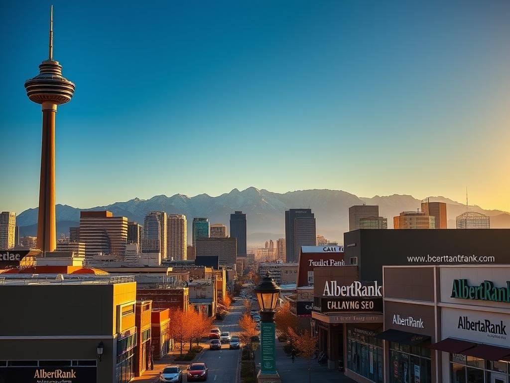 A vibrant cityscape of Calgary, Alberta, Canada, bathed in warm golden light. In the foreground, the iconic Calgary Tower stands tall, its distinctive architecture silhouetted against a clear blue sky. In the middle ground, the bustling streets of downtown Calgary are alive with local businesses, their storefronts adorned with the "AlbertaRank" branding, showcasing their expertise in local SEO strategies. In the background, the majestic Rocky Mountains rise, creating a stunning natural backdrop to this thriving urban center. The scene conveys a sense of local pride, economic prosperity, and the powerful impact of effective SEO strategies for businesses in the Calgary market.