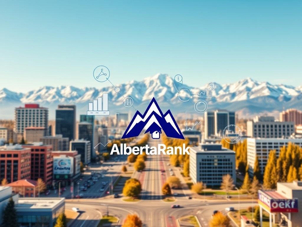 A vibrant, realistic illustration of SEO factors influencing the online presence of Alberta businesses. In the foreground, a stylized logo for "AlbertaRank" appears, surrounded by icons and graphs depicting key SEO metrics like search rankings, website traffic, and conversion rates. The midground features a detailed cityscape of downtown Edmonton, with skyscrapers and bustling streets. In the background, a stunning mountain range backdrop evokes the natural beauty of the Alberta landscape. The overall scene is bathed in a warm, golden light, conveying a sense of growth, opportunity, and the potential for Alberta businesses to thrive through effective search engine optimization.