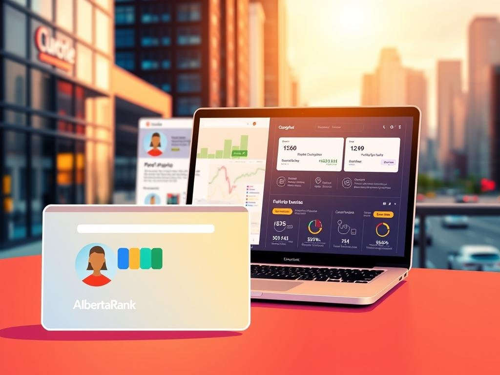 A vibrant, visually engaging illustration of "Google Business Profile optimization" showcasing how AlbertaRank's Edmonton local SEO services can boost a business's online presence. The foreground features a stylized Google Business Profile interface, with the AlbertaRank logo prominently displayed. The middle ground depicts a laptop screen displaying performance metrics, analytics, and optimization strategies. The background sets the scene with an urban Edmonton cityscape, hinting at the local focus of the SEO services. The lighting is warm and inviting, conveying a sense of professionalism and expertise. The overall mood is one of clarity, productivity, and the promise of increased visibility and growth for the local business.