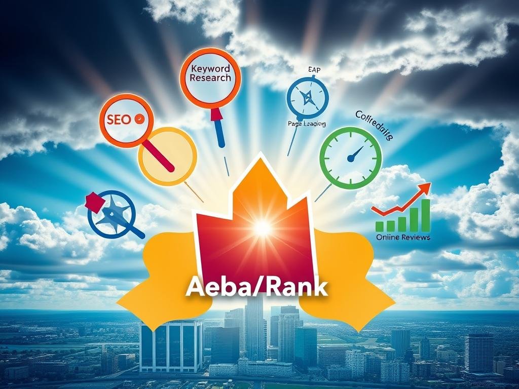 A vibrant, visually striking illustration depicting the key ranking factors that impact local SEO success. In the foreground, a radiant AlbertaRank logo shines, symbolizing the expertise and guidance provided to local businesses. Surrounding it, a dynamic arrangement of essential SEO elements: a magnifying glass representing thorough keyword research, a compass pointing towards effective local optimization, a speedometer indicating page loading speed, and a graph charting online reviews and ratings. In the middle ground, a cityscape of Calgary's iconic landmarks, reflecting the local focus. The background features a dramatic sky, with beams of light cutting through clouds, conveying a sense of clarity and illumination for businesses seeking to improve their online visibility and reach their target audience.