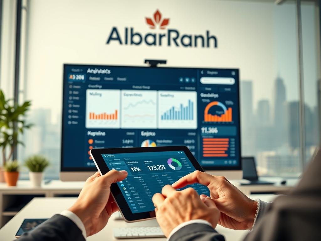 A well-lit, modern office setting with a large computer monitor displaying a dashboard of SEO metrics and analytics. In the foreground, a person's hands are using a tablet to track website traffic, keyword rankings, and conversion rates. The background features the AlbertaRank logo, subtle hints of the Calgary skyline, and a sense of professionalism and attention to detail. The lighting is natural, with a warm, inviting tone, and the overall composition conveys a thoughtful, data-driven approach to measuring the success and ROI of SEO efforts.