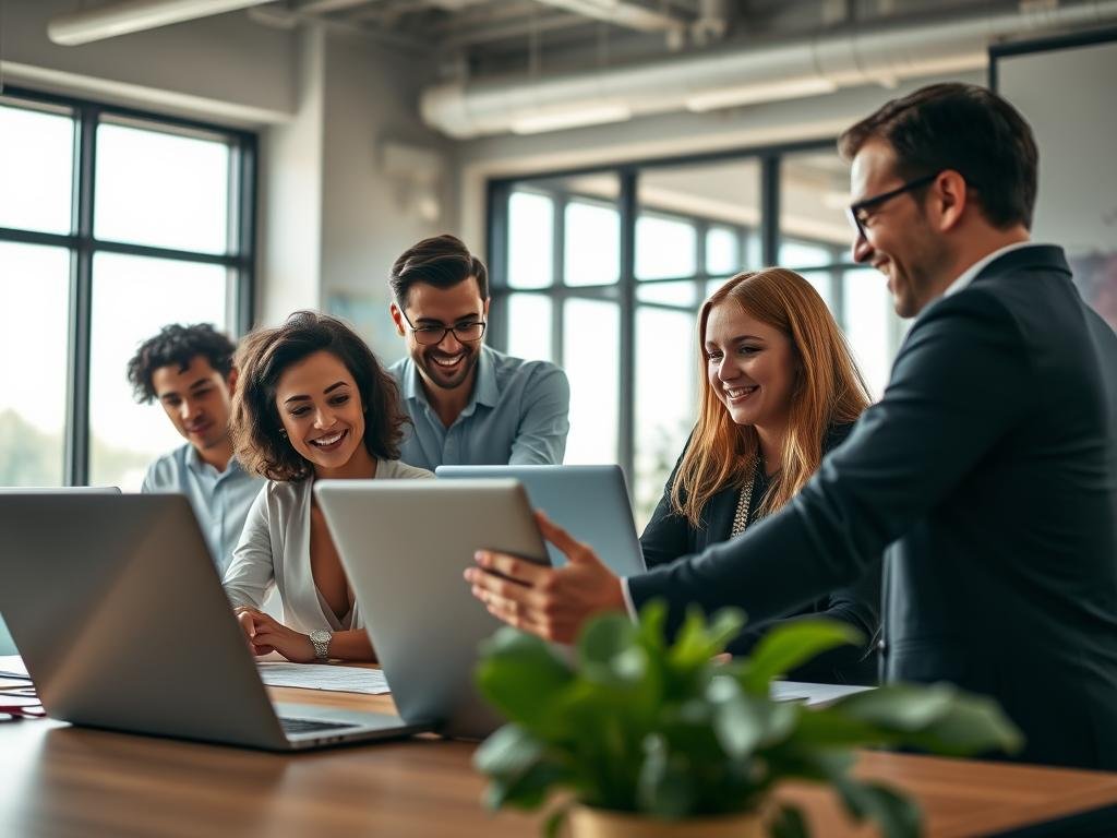 An energetic team of Alberta-based SEO specialists from AlbertaRank, working collaboratively in a modern, airy office space. The foreground features the team members discussing strategies and analyzing data on their laptops, their expressions focused and determined. The middle ground showcases the team's diverse expertise, with individuals specializing in areas like content optimization, technical SEO, and local search. In the background, large windows provide natural lighting, creating a warm and productive atmosphere. The overall scene conveys the team's dedication to helping Alberta businesses improve their online visibility and reach their full digital potential.