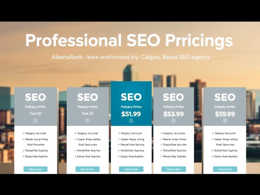 An image of professional SEO pricing packages showcasing the services and pricing tiers offered by AlbertaRank, a leading Calgary-based SEO agency. The foreground features a clean, modern layout displaying the package names, features, and corresponding prices in a clear, easy-to-understand format. The middle ground includes subtle icons and graphics highlighting the key benefits of each package. The background depicts a cityscape of Calgary's skyline, conveying a sense of local expertise and authority. Soft, warm lighting and a minimalist color palette create a polished, trustworthy atmosphere to resonate with the target audience of local businesses seeking expert SEO solutions.