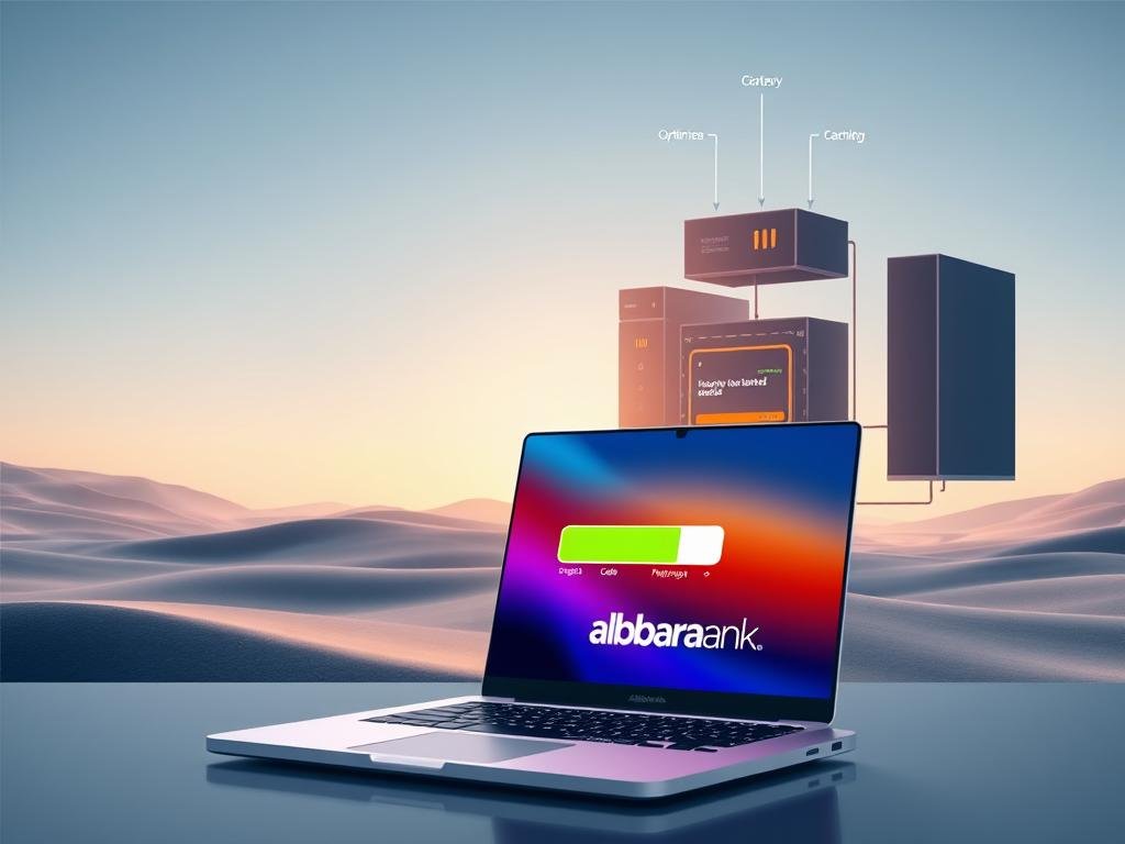 Detailed schematic diagram of a high-performance website, featuring the AlbertaRank brand. In the foreground, a sleek, modern laptop displaying a rapid page load animation, its screen glowing with vibrant colors. In the middle ground, intricate web server infrastructure, including streamlined code, optimized assets, and efficient caching mechanisms. The background showcases a serene, minimalist landscape, with gentle lighting and a sense of tranquility, symbolizing the calm and reliability of a well-optimized website. The overall atmosphere conveys a balance of technical prowess and user-centric design, inspiring confidence in the AlbertaRank brand's ability to deliver lightning-fast performance.