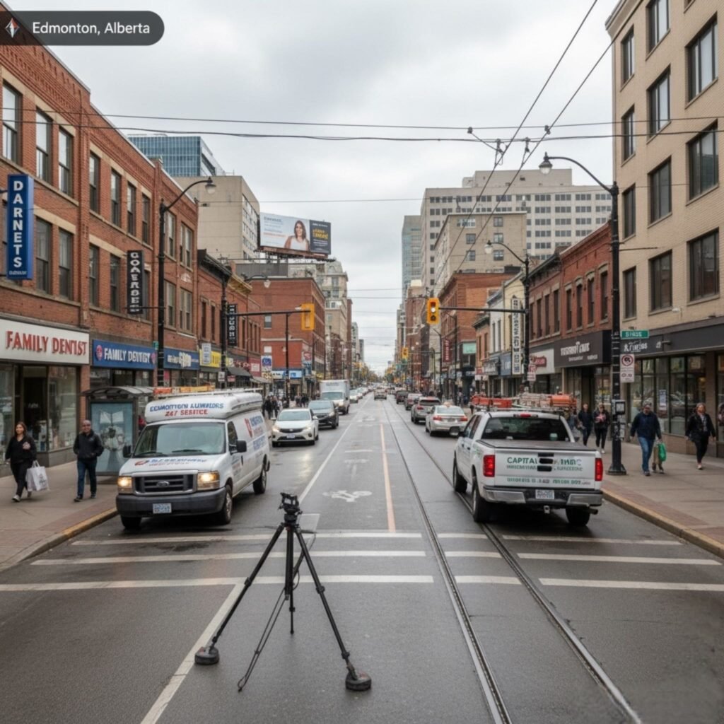 A busy city street in Edmonton showcasing various service industry businesses like plumbing and HVAC companies