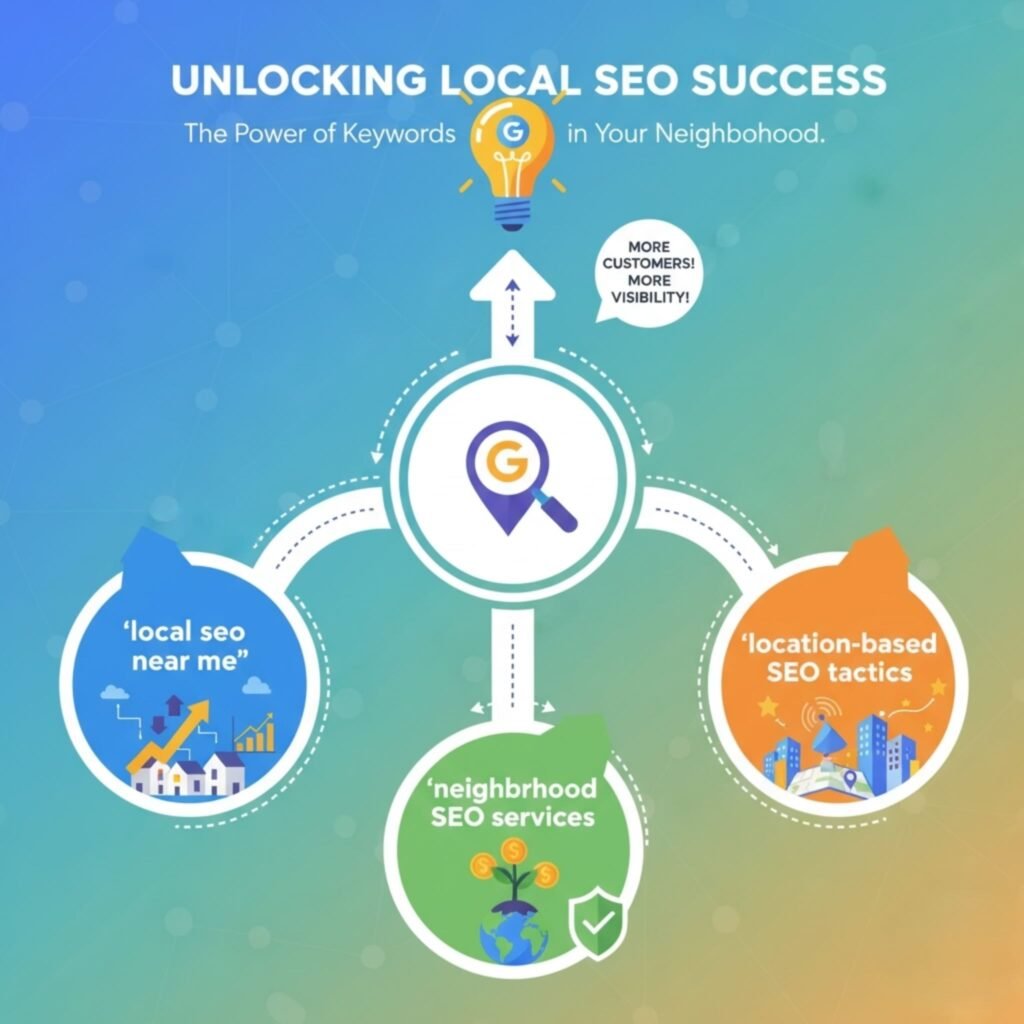 A colorful infographic illustrating the importance of keywords in local SEO, featuring keywords like 'local seo near me', 'neighborhood SEO services', and 'location-based SEO tactics' with visual elements representing growth and visibility