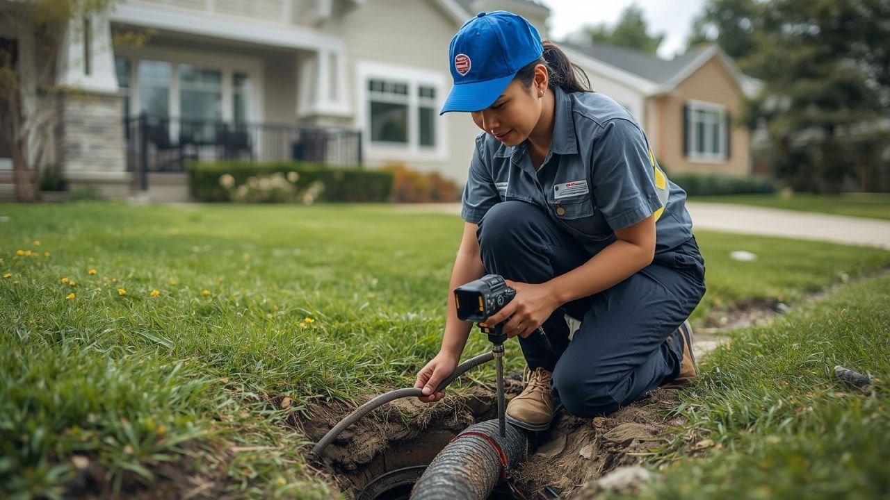 A Calgary plumber using a sewer camera to inspect a residential line in Altadore, symbolizing high-ticket plumbing SEO results