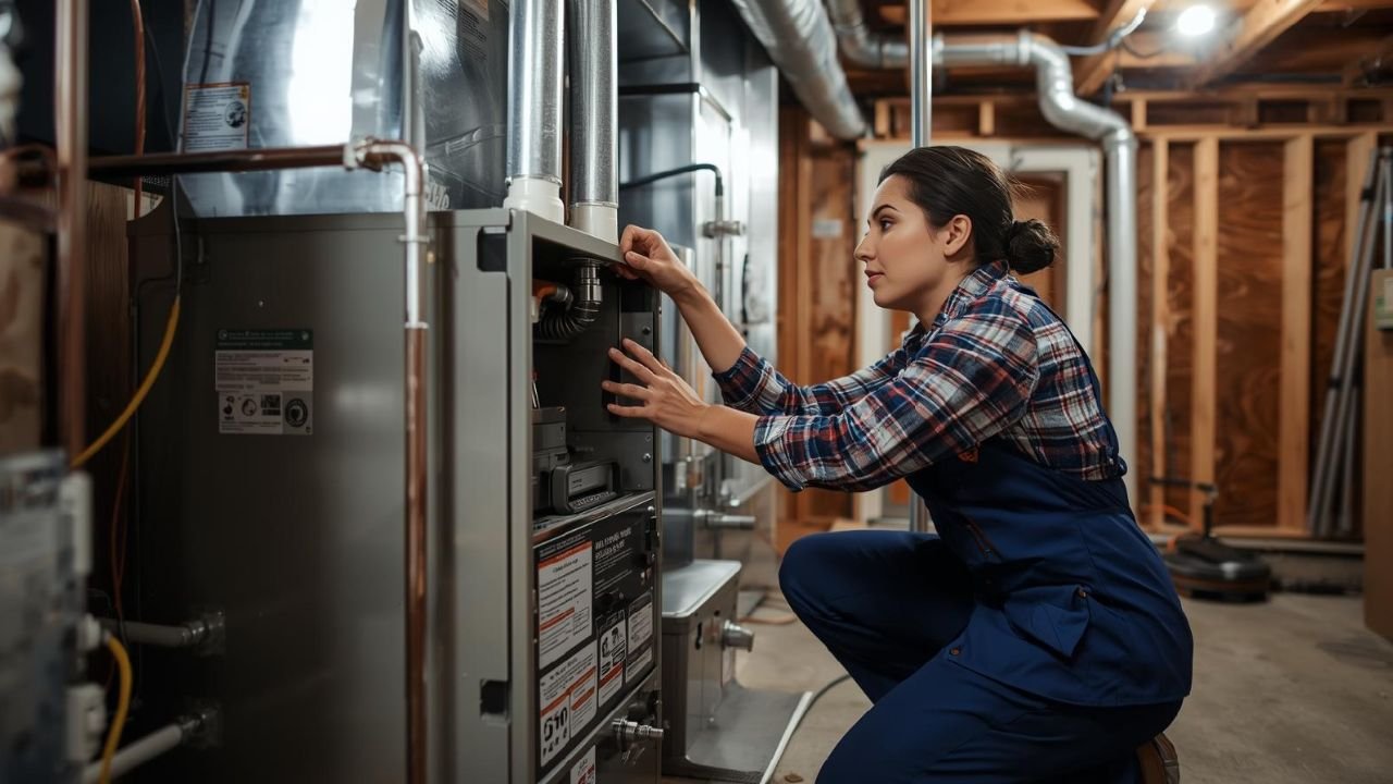 A professional HVAC technician installing a high-efficiency gas furnace in an Alberta basement, symbolizing high-ticket furnace install lead generation.