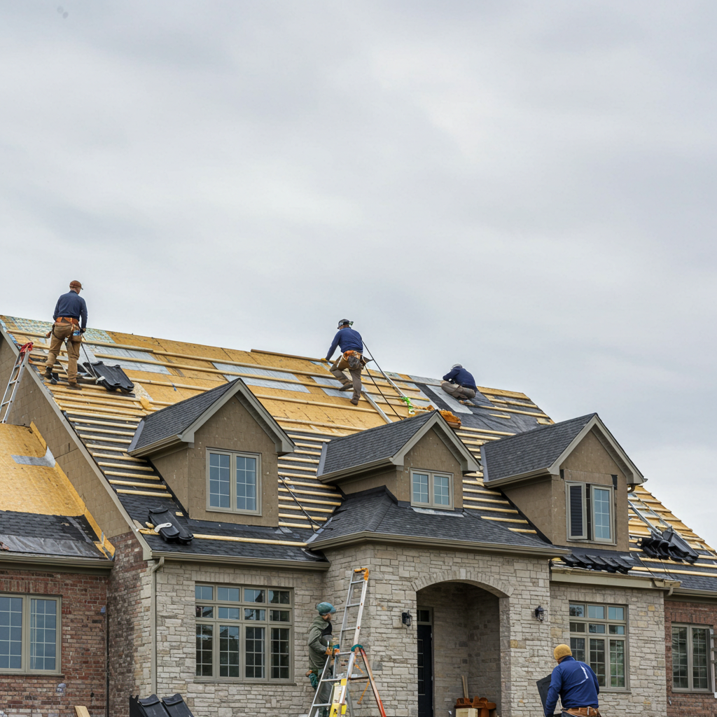 A roofing crew installing premium architectural shingles on a luxury double-storey home in Windermere, Edmonton.