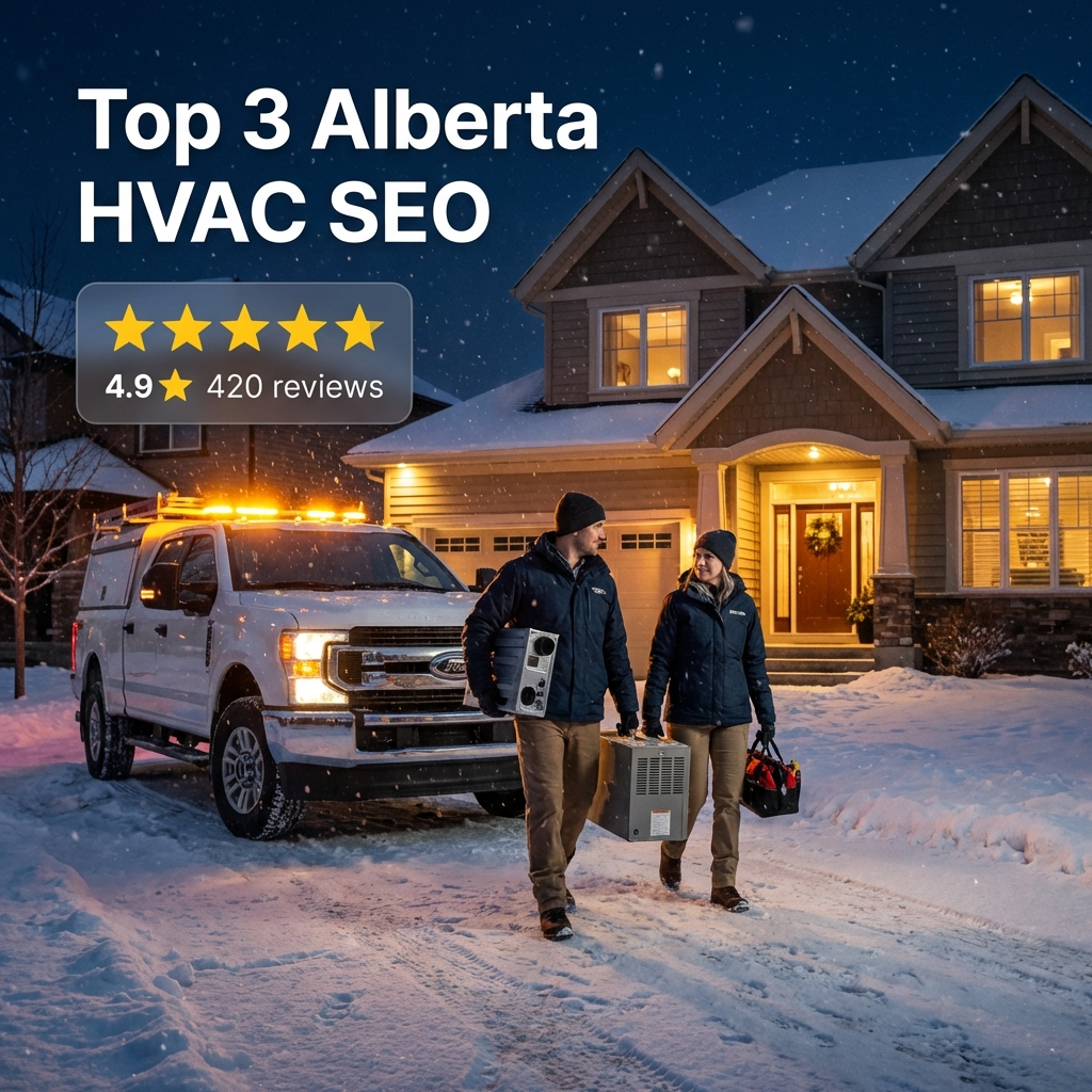 Alberta winter night, modern HVAC service truck with beacon lights parked at cozy suburban home (Mackenzie Towne style), two technicians in jackets carrying furnace parts to front door, snow falling gently, 5-star reviews overlay floating