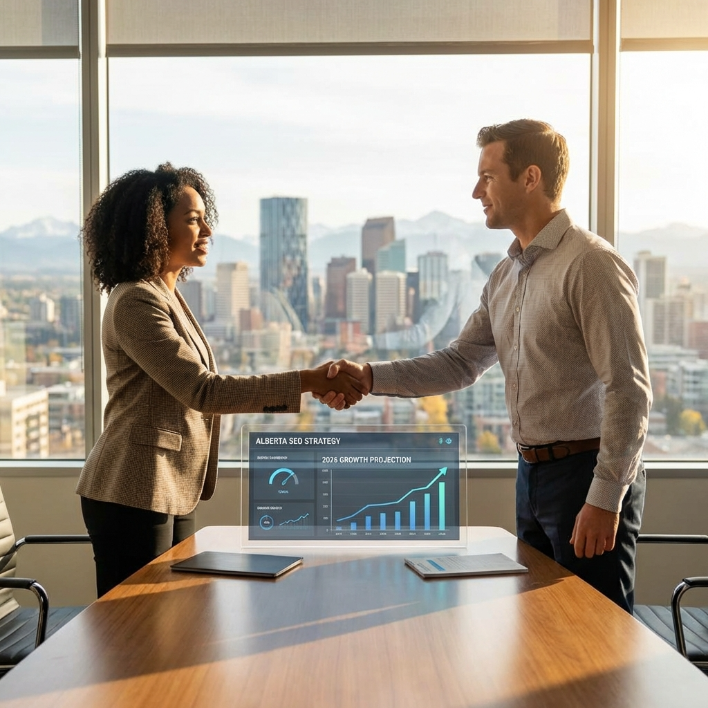 A modern office interior with a large screen displaying a website with the text "SEO in Alberta" highlighted, showcasing a vibrant, professional, and technologically advanced environment.