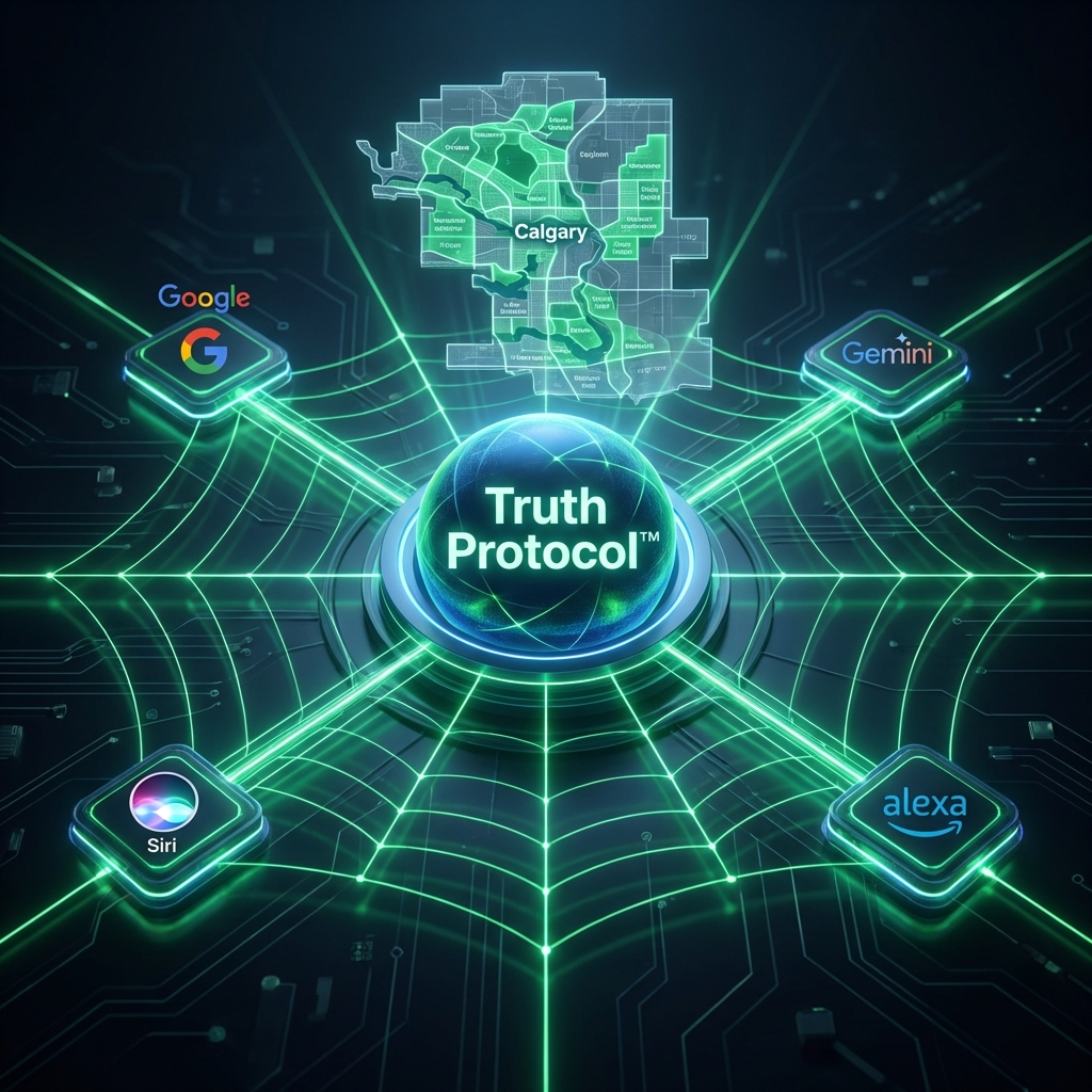 A professional 3D graphic showing the "Truth Protocol&trade;" at the center of a spiderweb of glowing emerald green lines. Each line connects to a digital "node" representing Google, Gemini, Siri, and Alexa. 