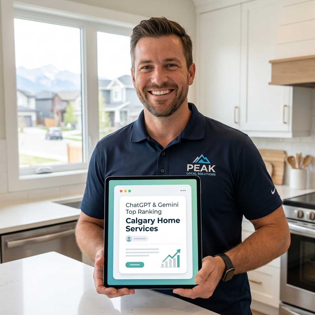 A vibrant, modern graphic showcasing how Calgary home services can achieve top rankings in ChatGPT and Gemini search results.