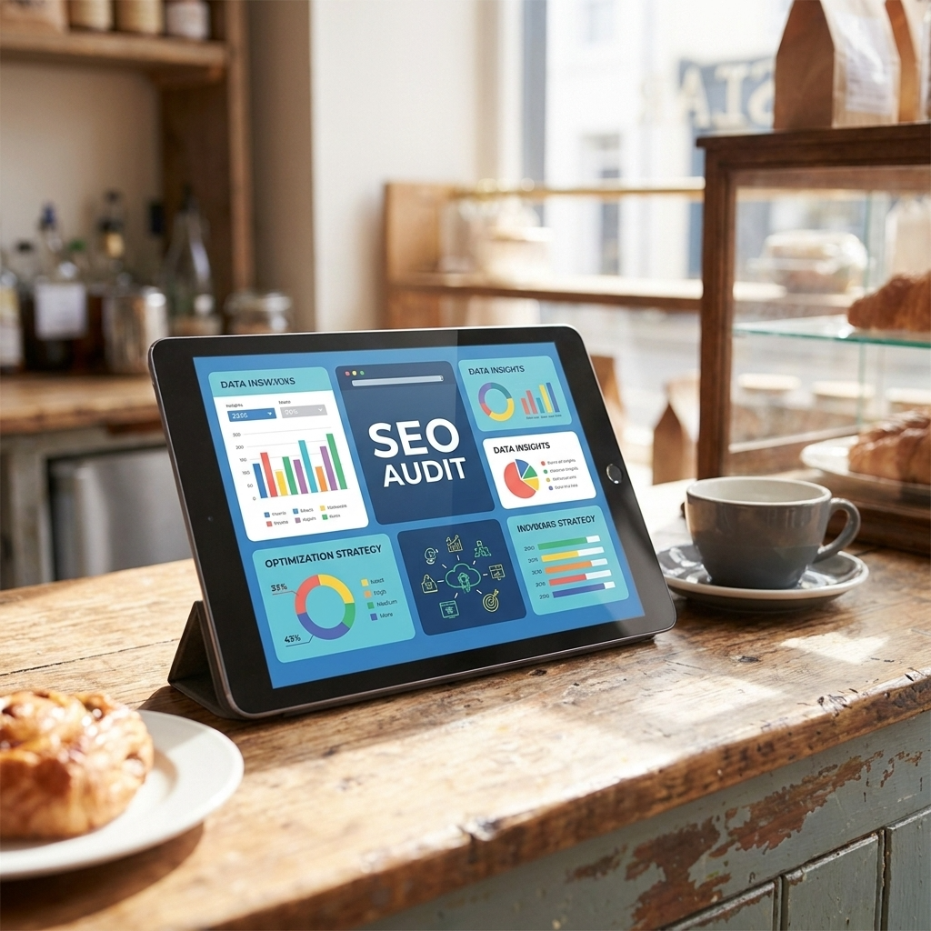 A stunning, modern SEO audit graphic showcasing data insights and optimization strategies, using vibrant colors and clear typography for easy understanding.