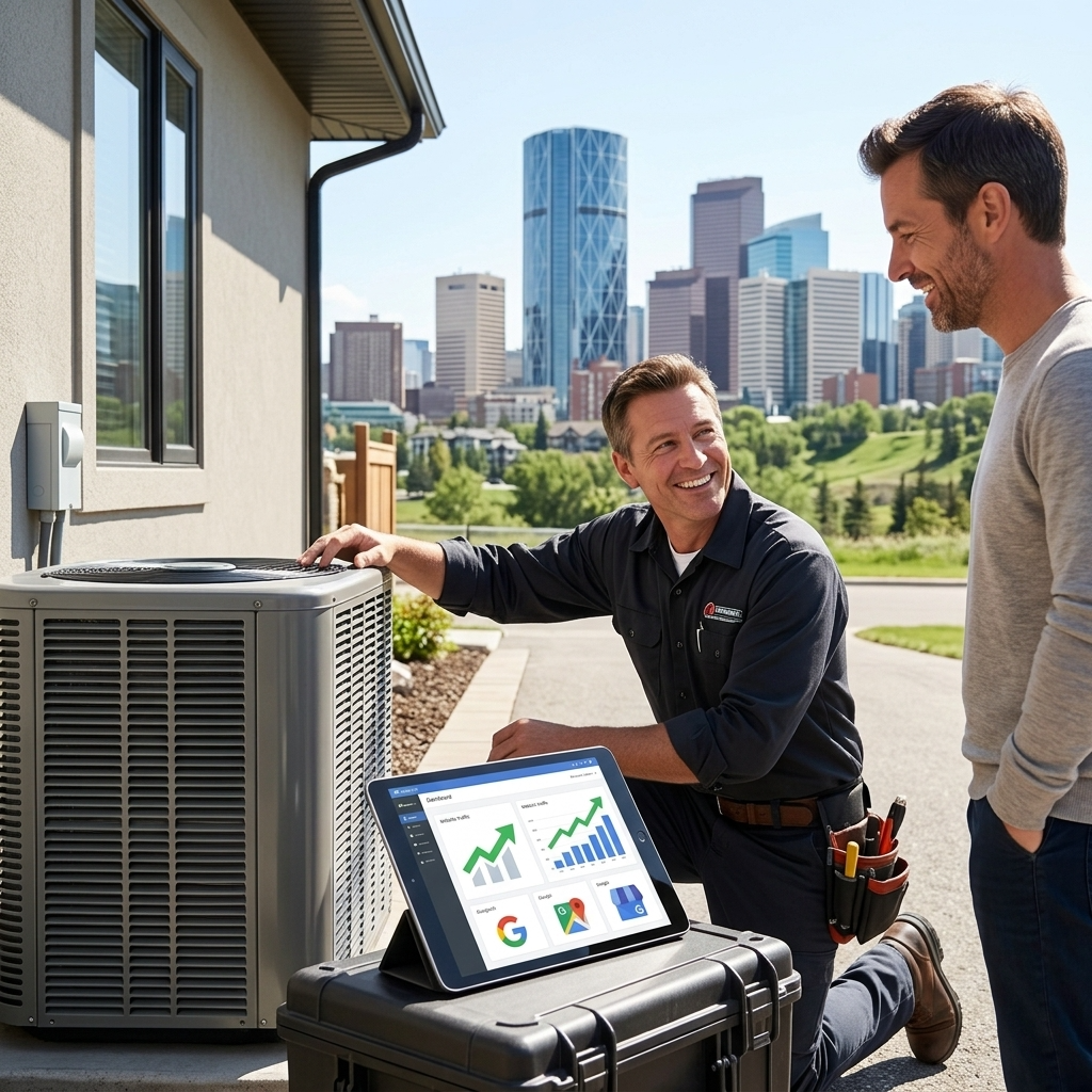 A vibrant, high-quality image showcasing Alberta SEO services, emphasizing home service contractors and local business growth in a modern, professional style.