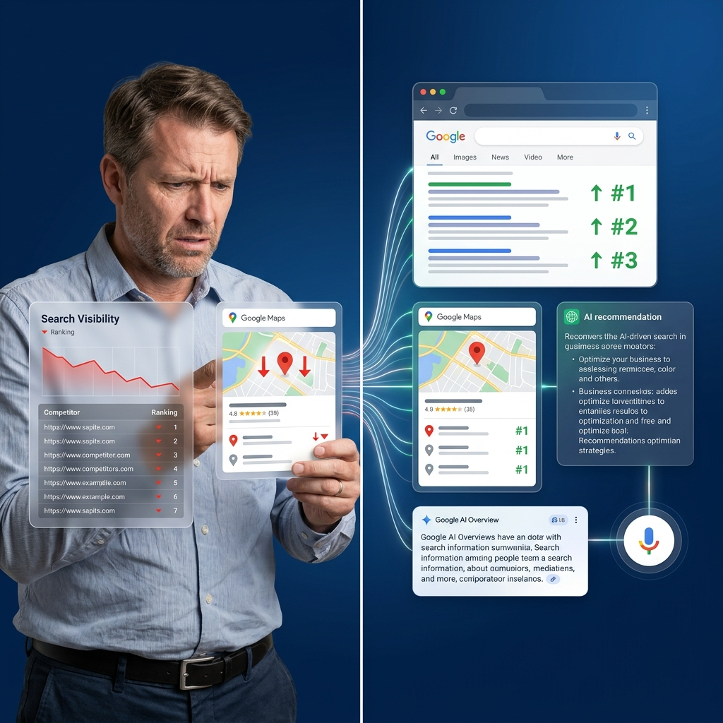 Floating analytics dashboard showing falling search visibility. Google Maps listing losing rankings. Competitor outranking business.