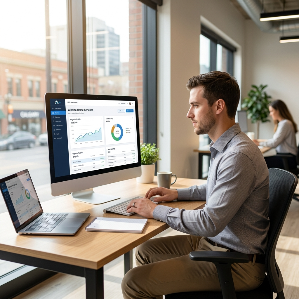 A modern, bright office scene showcasing how CRM integration boosts SEO, enhancing results for Alberta home service contractors in a professional setting.