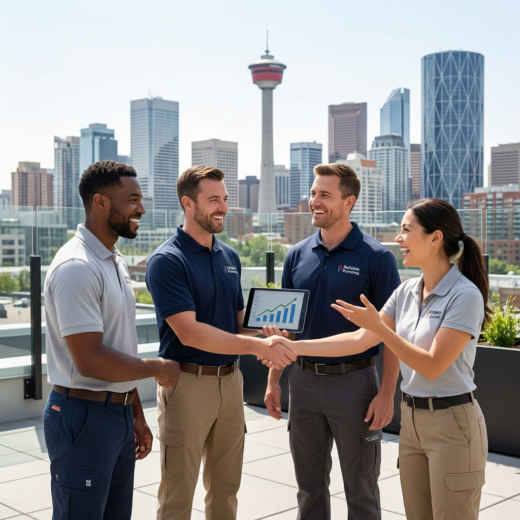 A vibrant, modern Calgary SEO agency advertisement, featuring happy home service contractors and a city skyline, showcasing expert digital marketing.