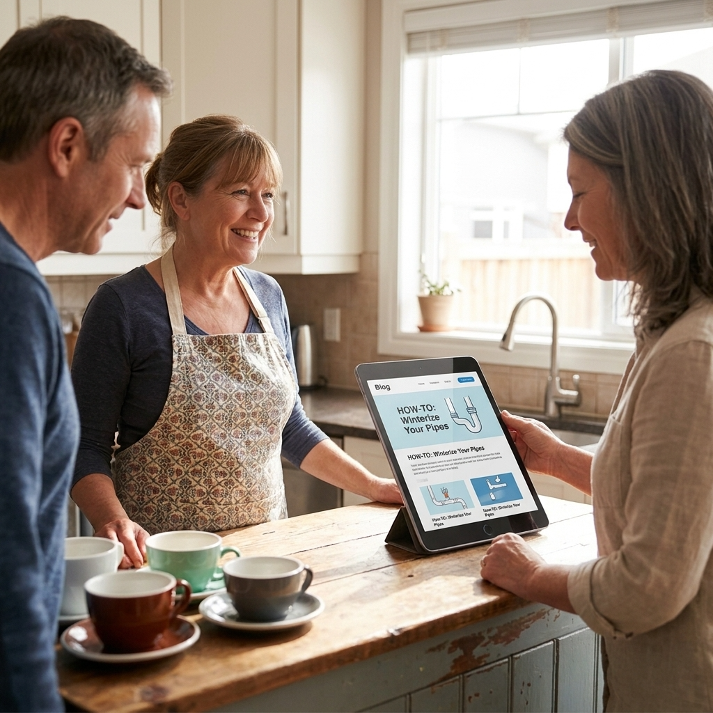 A warm, inviting photo showcasing Alberta home service contractors using content marketing to establish expert status, highlighting local trust.