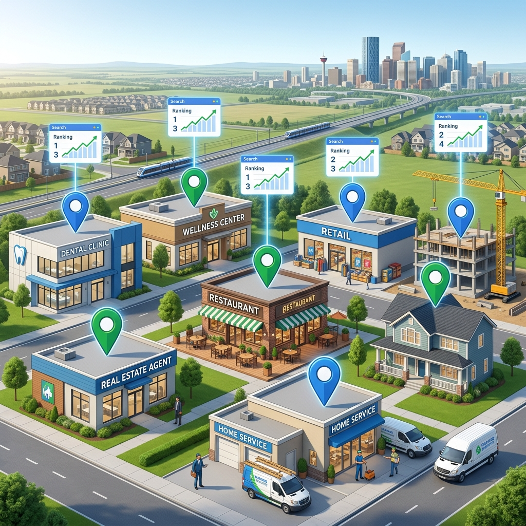Airdrie home service contractors, real estate agent, dental clinic, wellness clinic, restaurant, retail store, construction business, and Google Maps pins connected to search rankings.